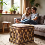 Couple relaxing in living room with diamond pattern straw floor pouf