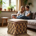 Couple relaxing in living room with diamond pattern straw floor pouf