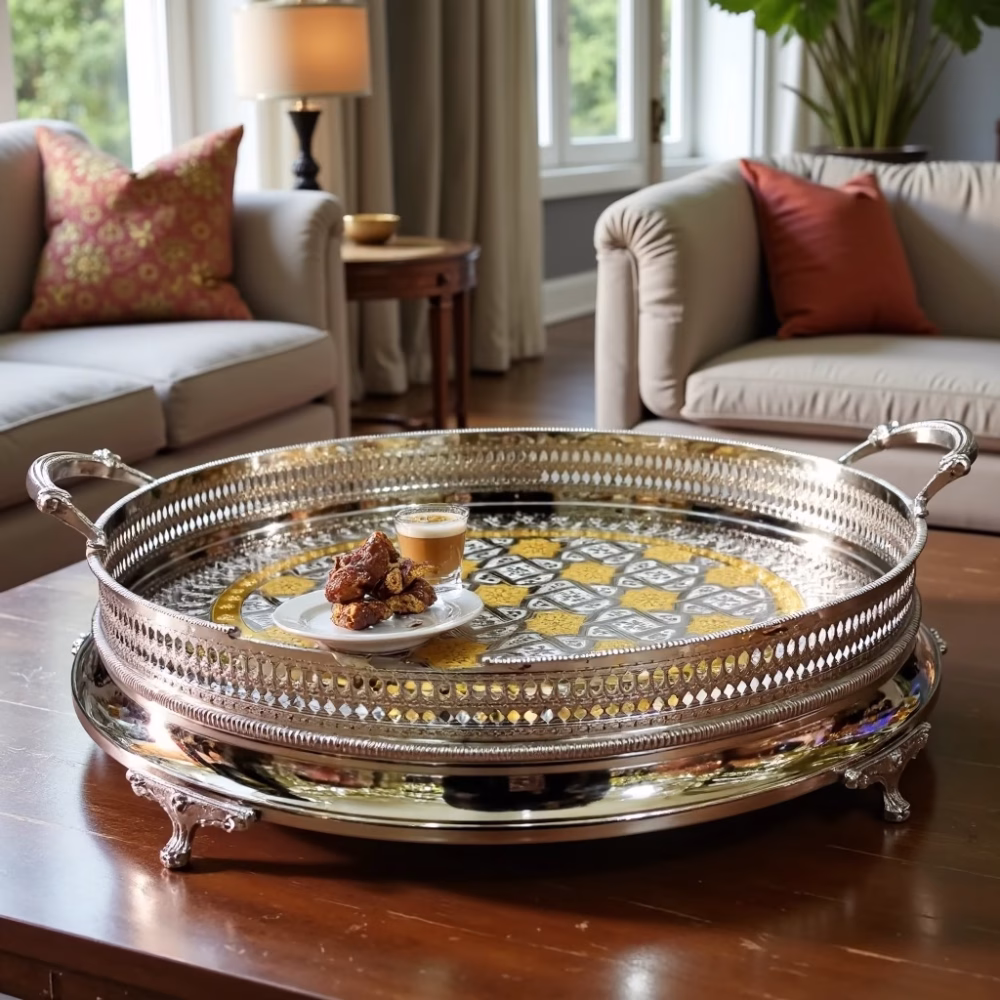 Elegant silver and gold big round tray serving coffee and desserts in upscale living room setting
