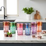 Jewel-toned gold arabesque tea glasses with hand-painted arch patterns on a white marble surface
