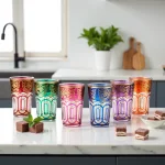 Moroccan tea glasses in vibrant colors with gold arabesque designs displayed on marble kitchen counter