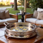Handcrafted silver and gold big round tray used for outdoor entertaining on patio table