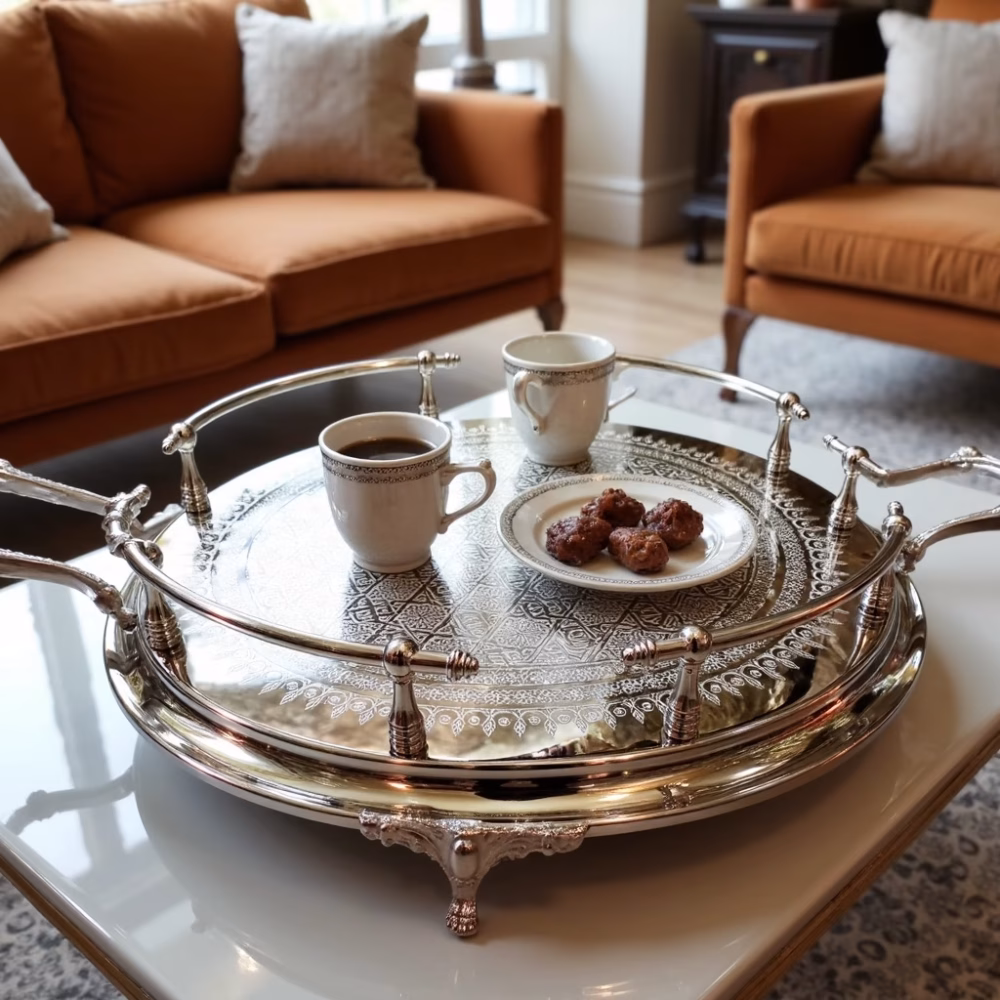 Large silver round tray with decorative handles serving coffee and cookies in cozy living room setting