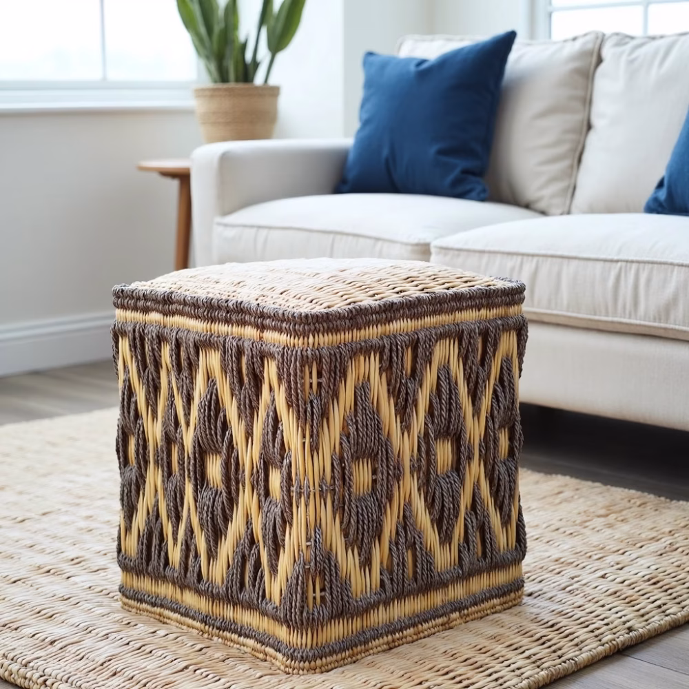 Living room setup featuring geometric straw floor pouf and blue accents