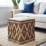 Living room setup featuring geometric straw floor pouf and blue accents