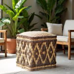 Modern living area featuring diamond pattern straw floor pouf and greenery