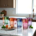 Six gold arabesque tea glasses in emerald ruby and sapphire tones on a marble surface