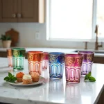 Set of six Moroccan tea glasses with gold arch designs in jewel tones on modern kitchen marble countertop