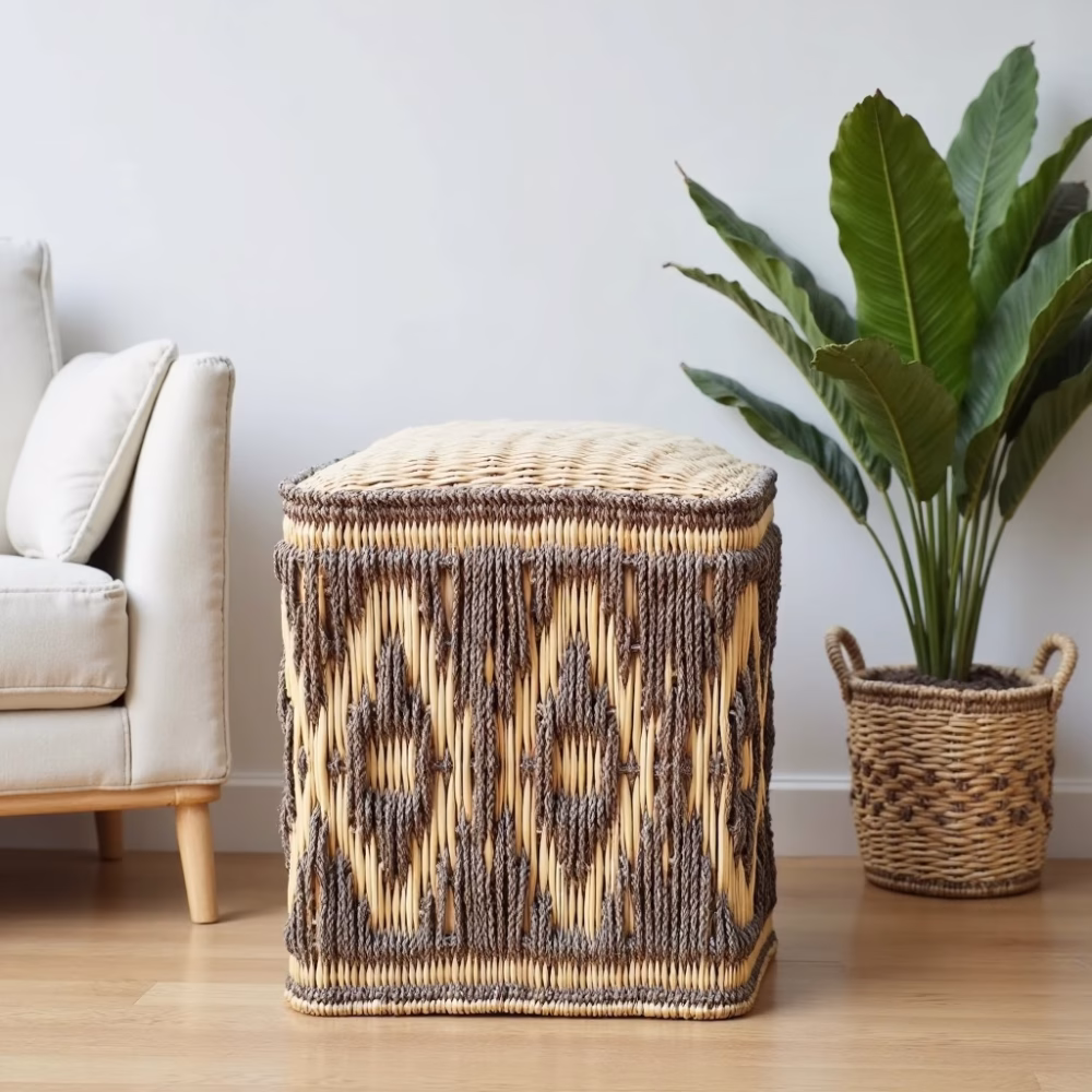 Scandinavian living room featuring artisan-made straw floor pouf with diamond motif