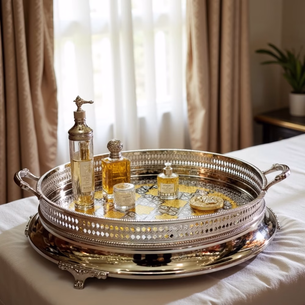Silver and gold big round tray with decorative rim displaying elegant perfume bottles in bedroom setting