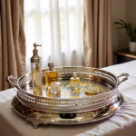 Silver and gold big round tray with decorative rim displaying elegant perfume bottles in bedroom setting