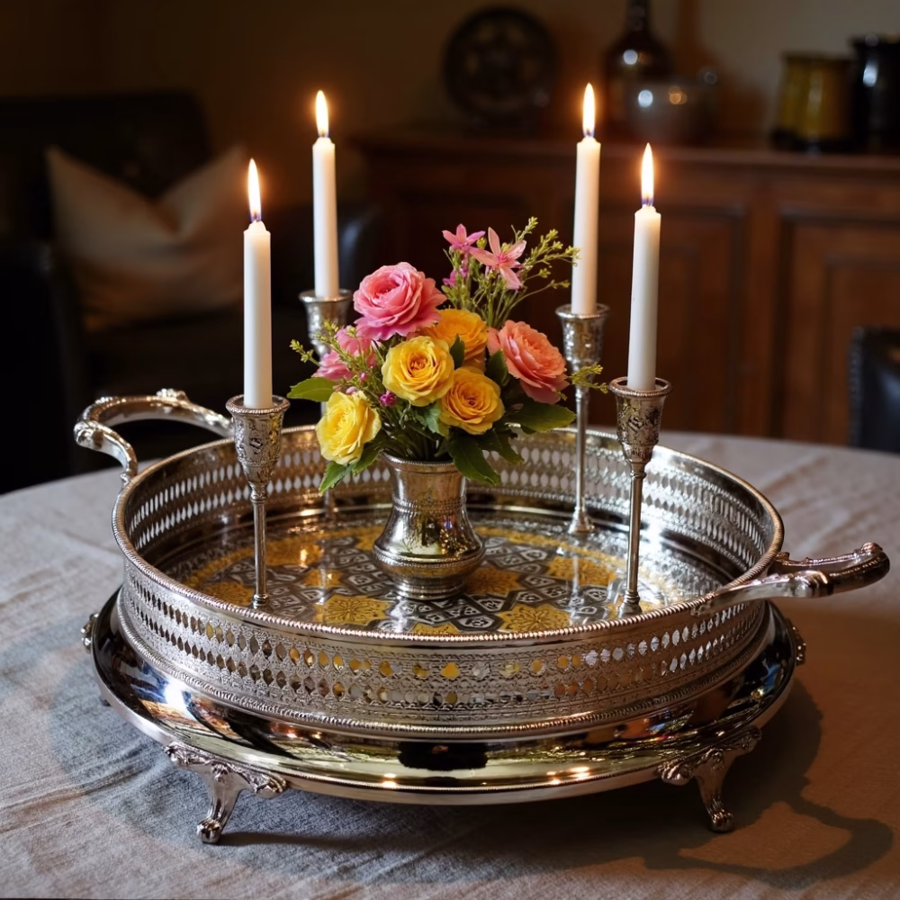 Silver big round tray with gold accents featuring candles and fresh flowers as formal table centerpiece