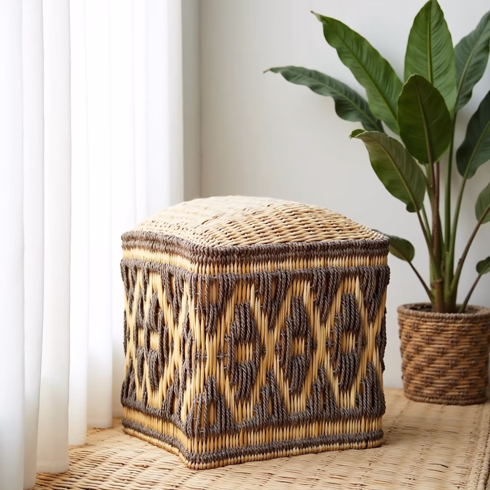 Sunlit interior space with decorative straw floor pouf and indoor plants