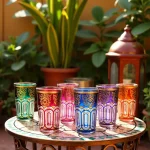 Authentic Moroccan tea glasses with traditional gold patterns arranged on mosaic table with decorative lantern
