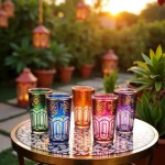 Colorful Moroccan tea glasses with gold arabesque patterns on patterned tray in outdoor garden with lanterns