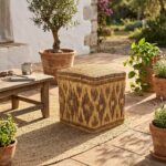 Handwoven straw floor pouf sitting on a sunny outdoor patio surrounded by terracotta potted plants.