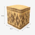Cube-shaped straw floor pouf showing 40 cm length, width, and height dimensions on a plain background.