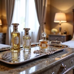 Designer perfume bottles displayed on handcrafted silver rectangular tray in bedroom