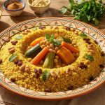 Traditional Moroccan couscous topped with tender carrots, zucchini, butternut squash, chickpeas, raisins, and fresh mint served on a decorative ceramic platter
