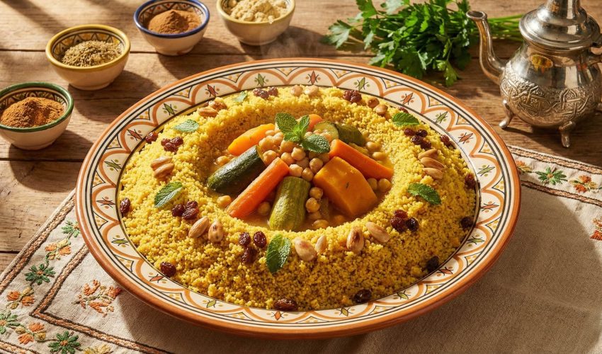 Traditional Moroccan couscous topped with tender carrots, zucchini, butternut squash, chickpeas, raisins, and fresh mint served on a decorative ceramic platter