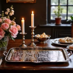 Elegant Moroccan silver serving Handmade Moroccan silver long rectangular tray on wooden dining table with candles and roses