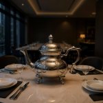 Elegant engraved silver teapot with dome lid on formal restaurant dining table setting