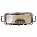 Hand engraved rectangular Moroccan silver serving tray with decorative handles and intricate floral patterns