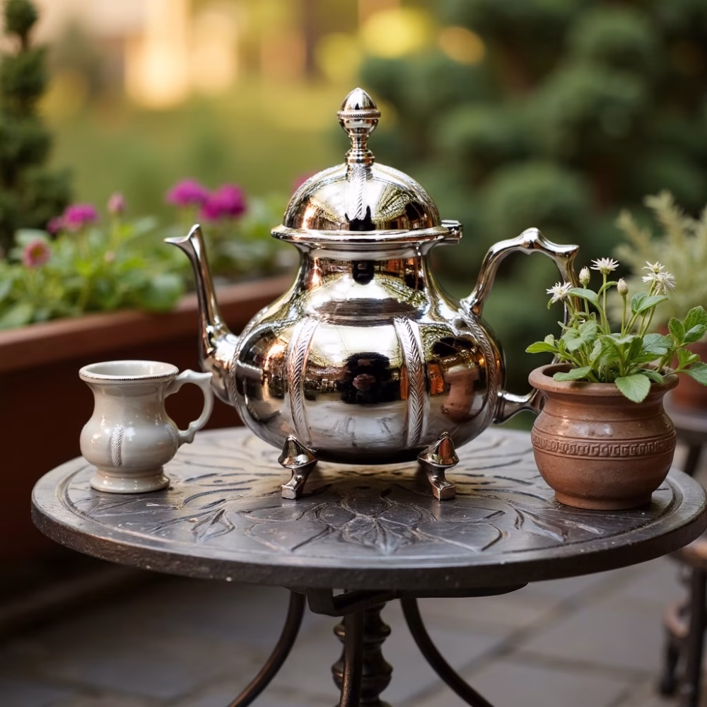 Handcrafted traditional teapot with ceramic cup on outdoor table