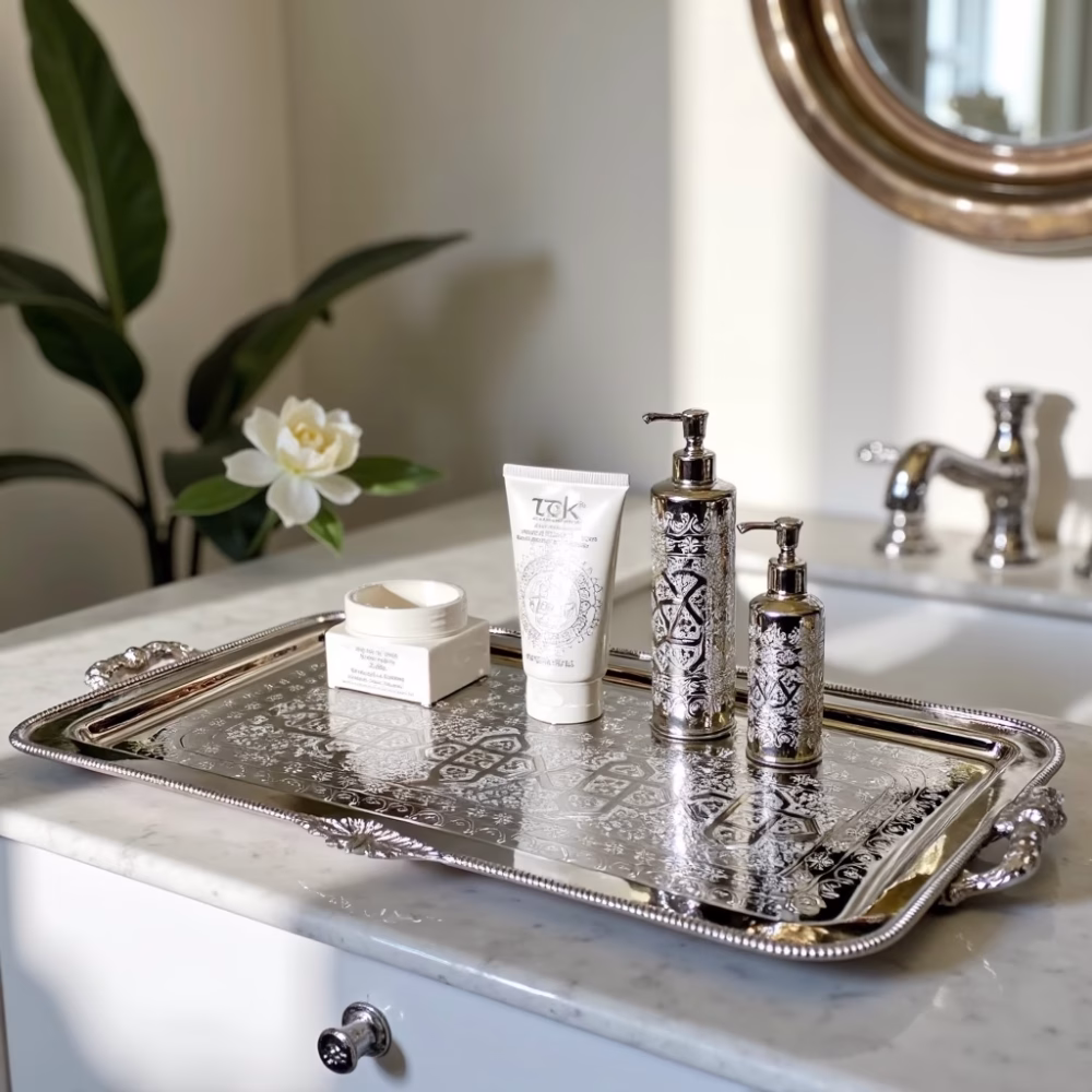 Luxury bathroom vanity with Moroccan silver tray organizing premium skincare products and fresh gardenia