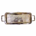 Overhead view of silver plated rectangular tray with detailed Islamic geometric patterns