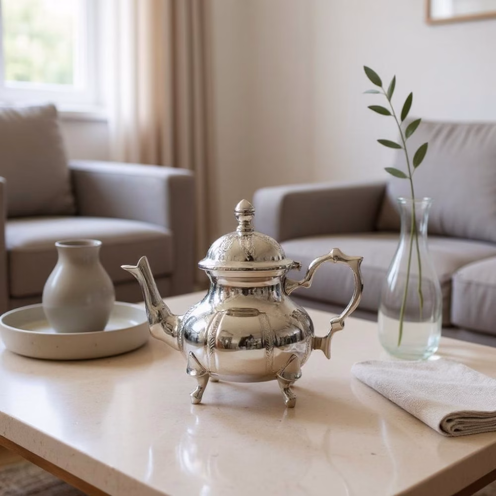 Polished silver Traditional Teapot displayed on a minimalist marble coffee table in a contemporary living room setting