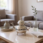 Polished silver Traditional Teapot displayed on a minimalist marble coffee table in a contemporary living room setting