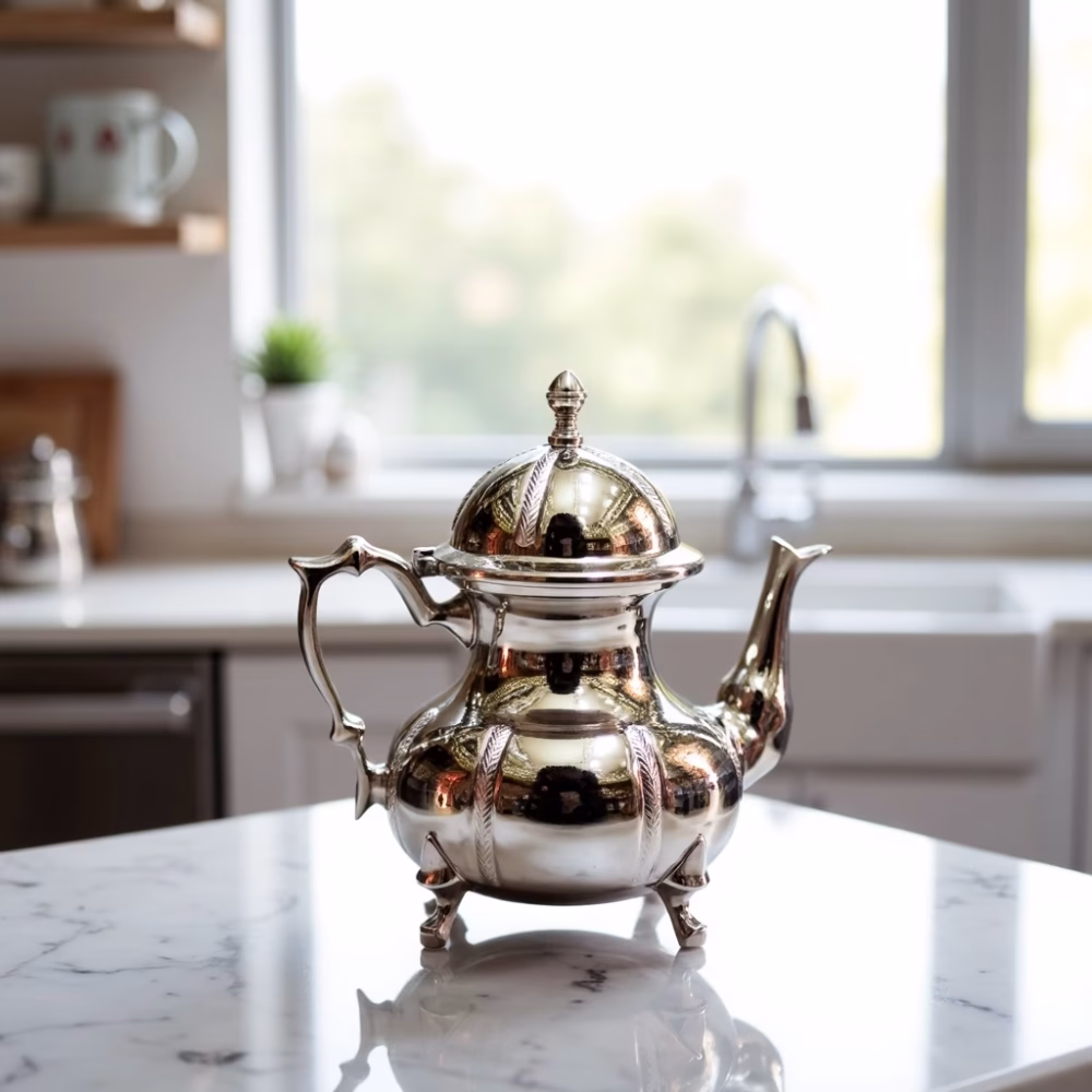 Silver traditional teapot in modern kitchen with marble countertop