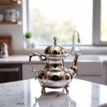 Silver traditional teapot in modern kitchen with marble countertop