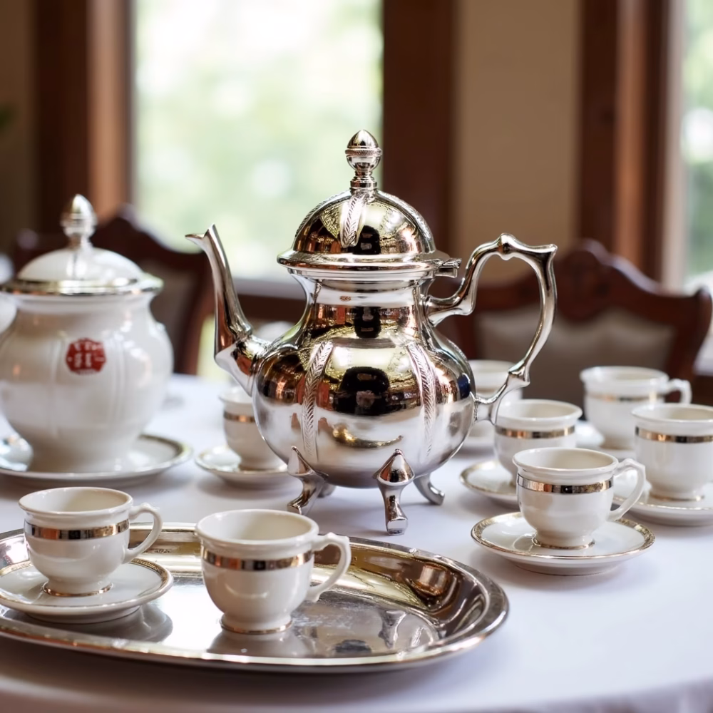 Traditional teapot from Morocco with porcelain cups on dining table