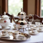 Traditional teapot from Morocco with porcelain cups on dining table