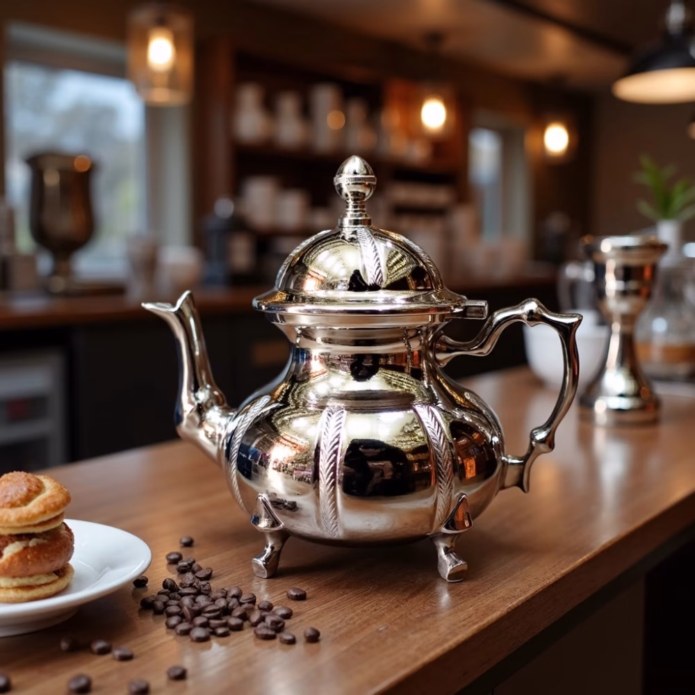 Traditional teapot with pastries and coffee beans on wooden counter