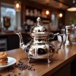 Traditional teapot with pastries and coffee beans on wooden counter