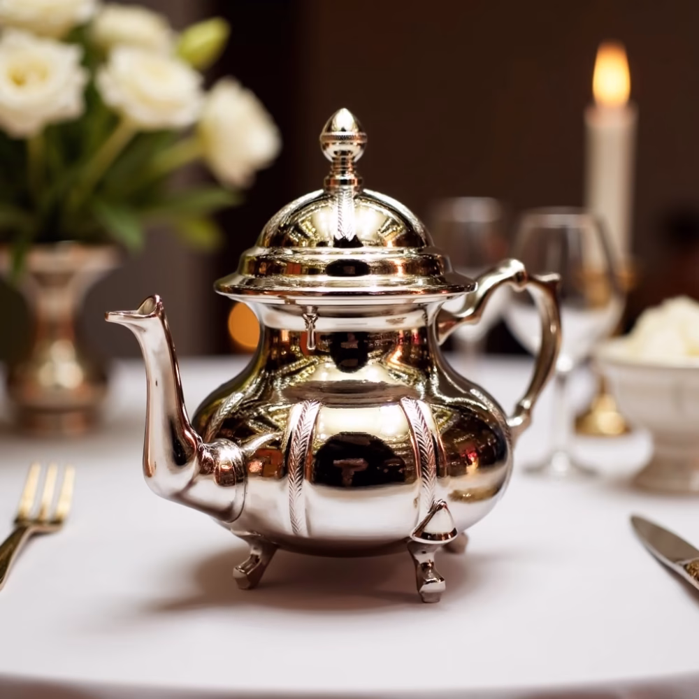 Traditional teapot with white roses and formal place setting