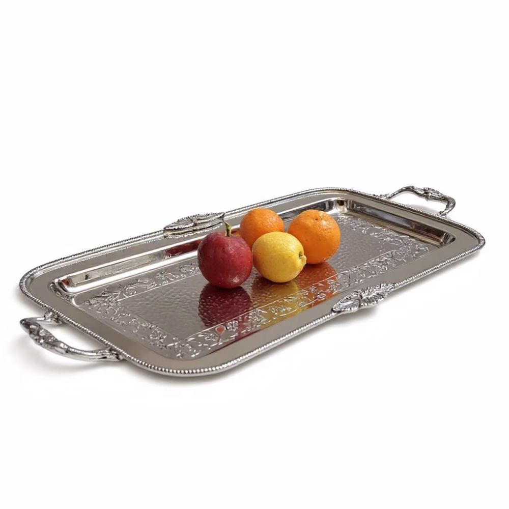 Elegant silver plated rectangular decorative tray with hammered center and ornate border design