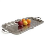 Elegant silver plated rectangular decorative tray with hammered center and ornate border design