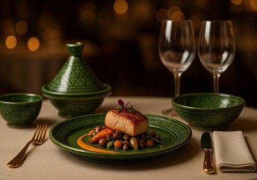 Professional restaurant table setting showcasing authentic Moroccan ceramic restaurant tableware with distinctive Tamegroute pottery green glaze and traditional geometric patterns, featuring gourmet food presentation that demonstrates superior dining experience enhancement