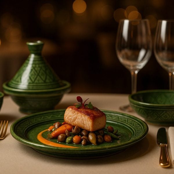 Professional restaurant table setting showcasing authentic Moroccan ceramic restaurant tableware with distinctive Tamegroute pottery green glaze and traditional geometric patterns, featuring gourmet food presentation that demonstrates superior dining experience enhancement