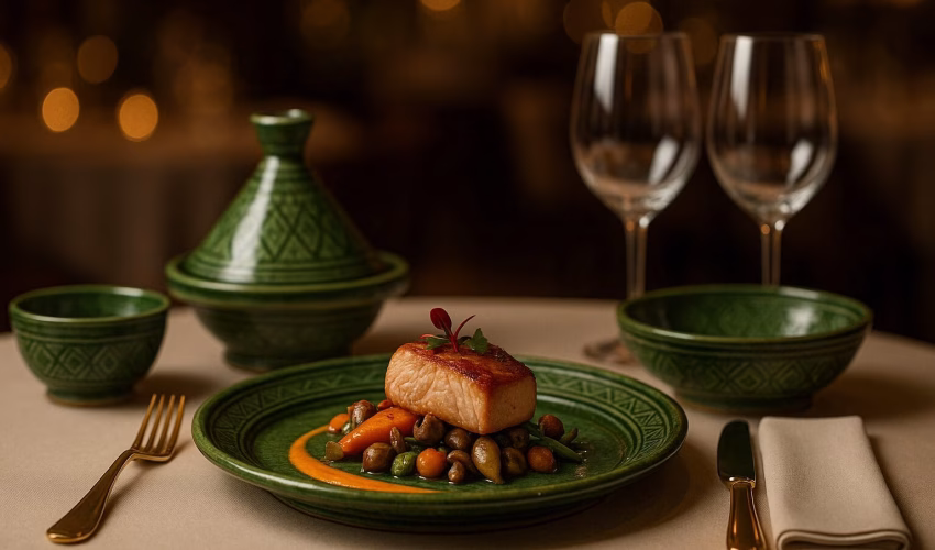 Professional restaurant table setting showcasing authentic Moroccan ceramic restaurant tableware with distinctive Tamegroute pottery green glaze and traditional geometric patterns, featuring gourmet food presentation that demonstrates superior dining experience enhancement