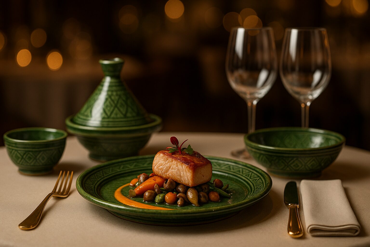 Professional restaurant table setting showcasing authentic Moroccan ceramic restaurant tableware with distinctive Tamegroute pottery green glaze and traditional geometric patterns, featuring gourmet food presentation that demonstrates superior dining experience enhancement