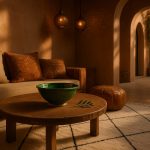 Moroccan design for boutique hotels with Tamegroute ceramic bowl, leather pouf, and Beni Ourain rug in a terracotta-toned lounge with arched doorway and brass lighting.