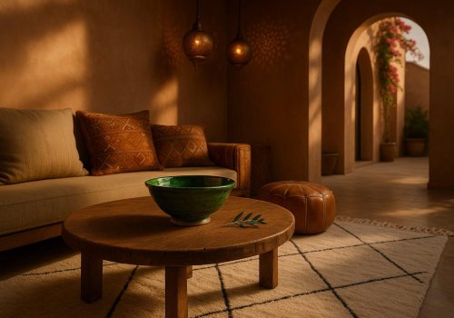 Moroccan design for boutique hotels with Tamegroute ceramic bowl, leather pouf, and Beni Ourain rug in a terracotta-toned lounge with arched doorway and brass lighting.