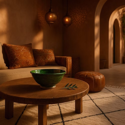 Moroccan design for boutique hotels with Tamegroute ceramic bowl, leather pouf, and Beni Ourain rug in a terracotta-toned lounge with arched doorway and brass lighting.