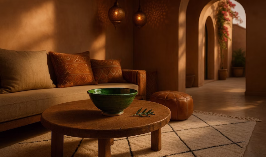 Moroccan design for boutique hotels with Tamegroute ceramic bowl, leather pouf, and Beni Ourain rug in a terracotta-toned lounge with arched doorway and brass lighting.