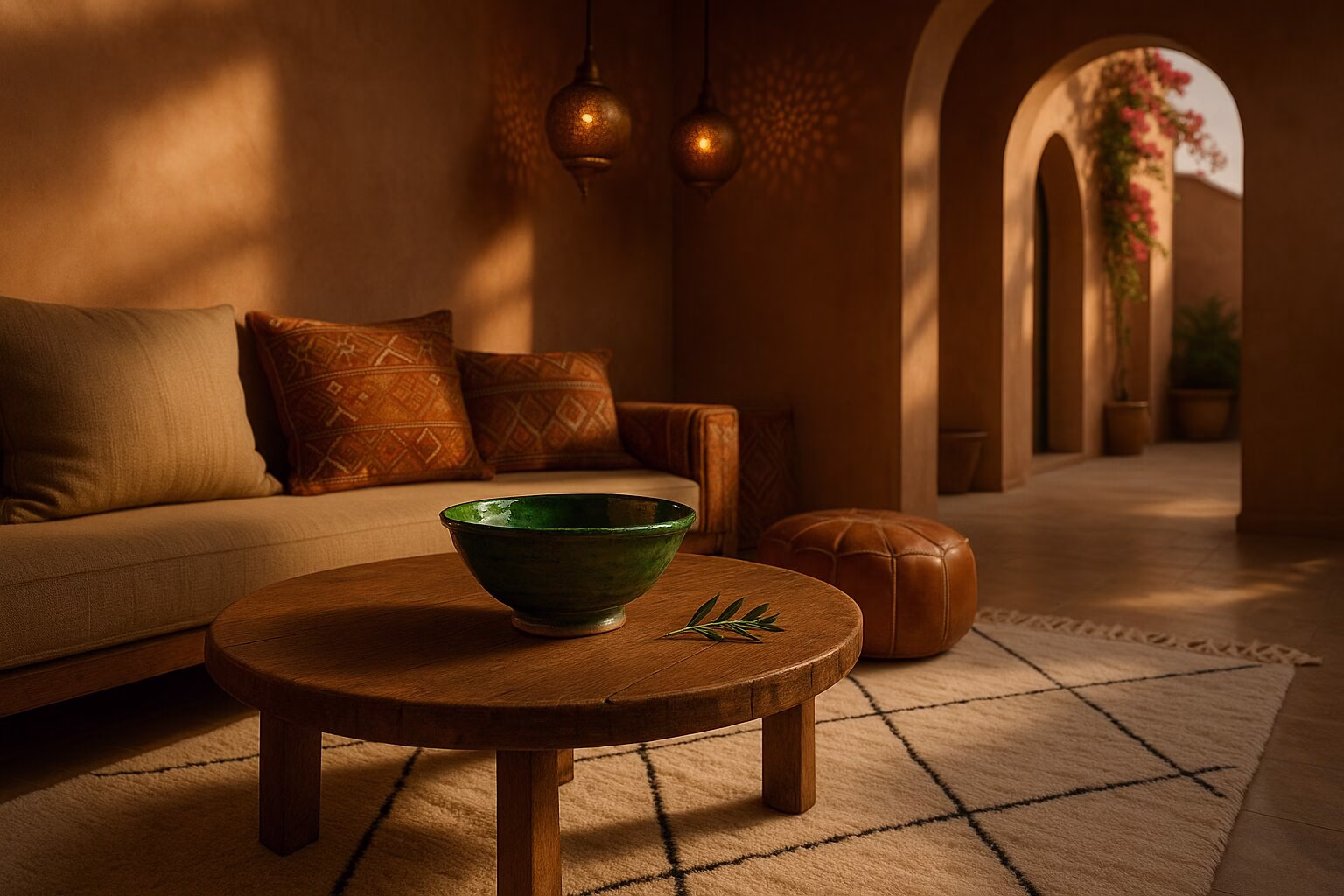 Moroccan design for boutique hotels with Tamegroute ceramic bowl, leather pouf, and Beni Ourain rug in a terracotta-toned lounge with arched doorway and brass lighting.